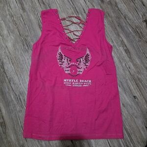 Myrtle Beach Pink Lace-Up Tank Top with Rhinestone Wing Graphic